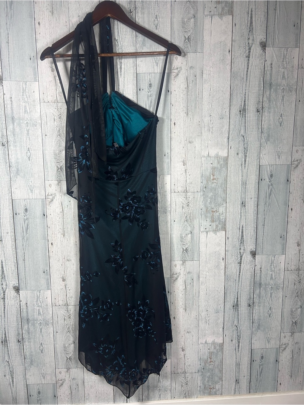 Y2K Le Château Black Teal Floral Mesh Midi Dress Scarf Ruched Goth Glam M - Picture 4 of 11